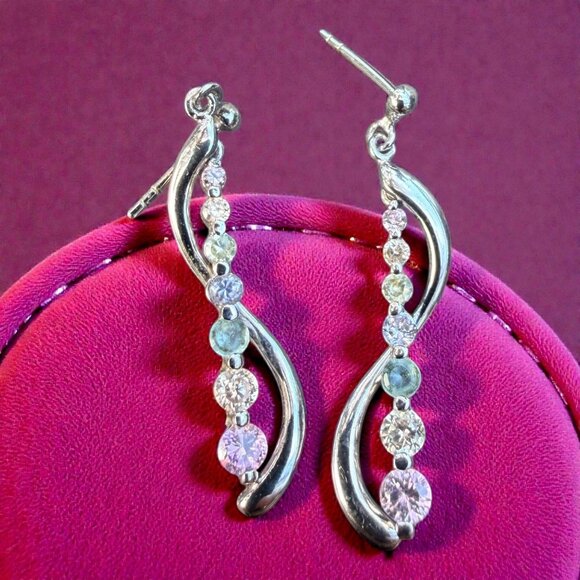 Vintage Jewelry - Vintage Silver Rainbow Drop Earrings W/ Multi Gemstones & Elegant Swirl Design